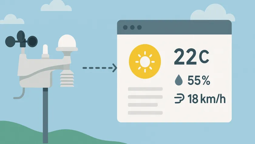 Digitalna ilustracija meteorološke stanice koja šalje stvarne vremenske podatke na web stranicu